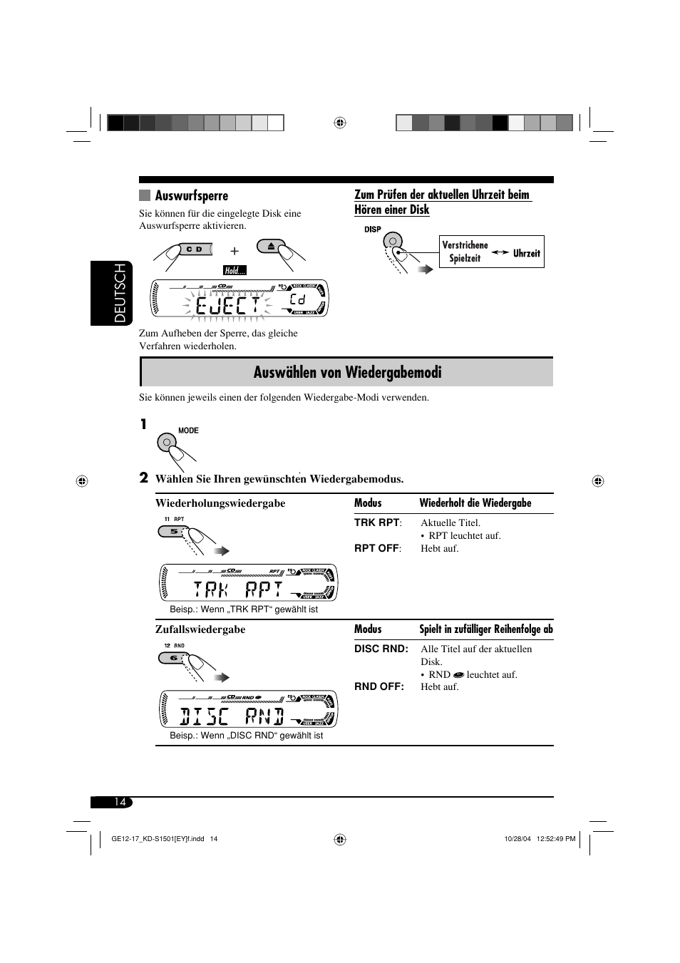 Auswählen von wiedergabemodi, Deutsch, Auswurfsperre | JVC KD-G151 RU User Manual | Page 36 / 68