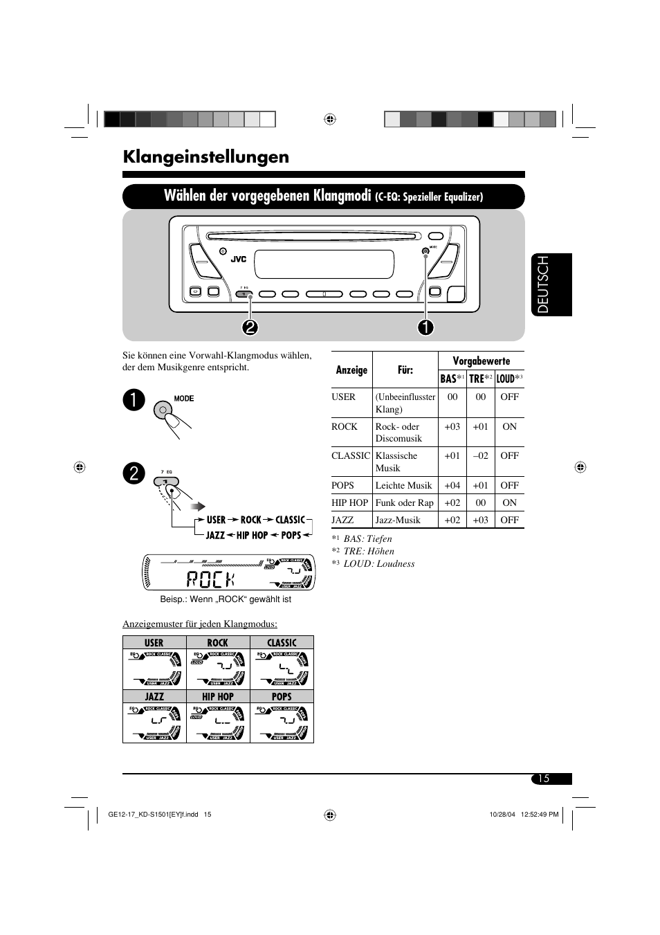 Klangeinstellungen, Wählen der vorgegebenen klangmodi, Deutsch | JVC KD-G151 RU User Manual | Page 37 / 68