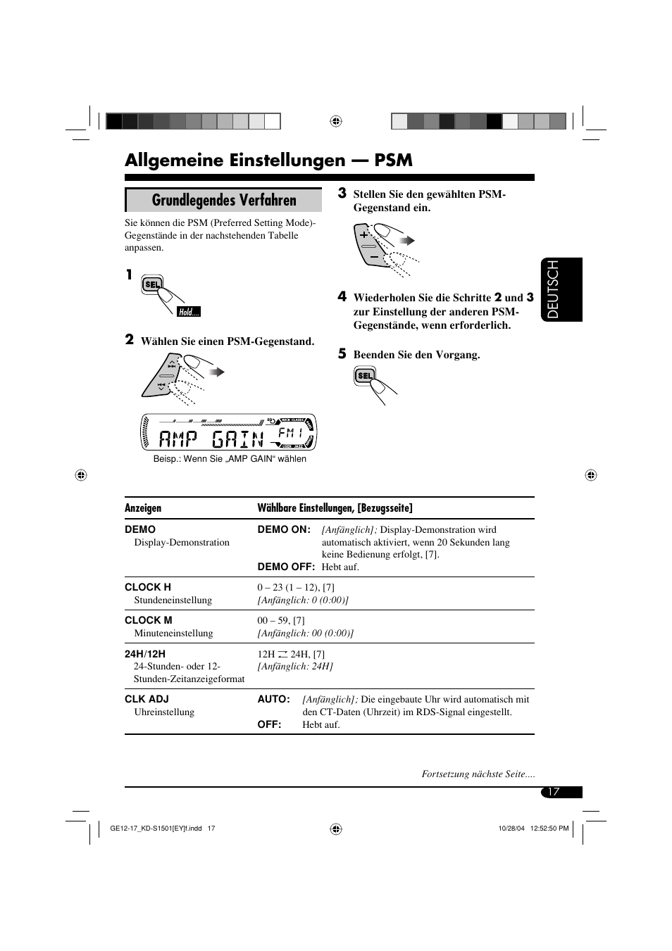 Allgemeine einstellungen — psm, Grundlegendes verfahren, Deutsch | JVC KD-G151 RU User Manual | Page 39 / 68