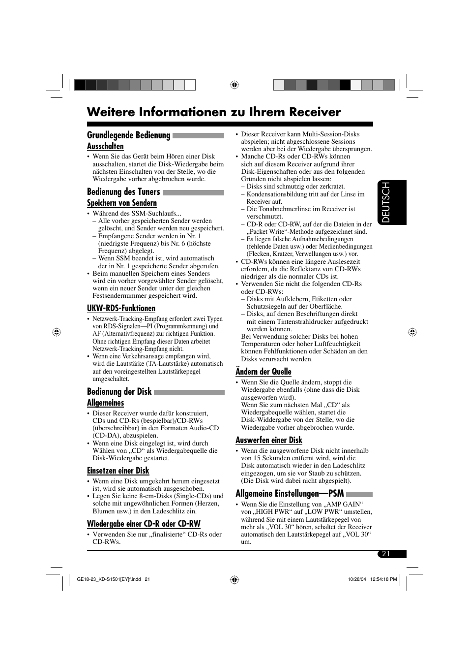Weitere informationen zu ihrem receiver, Deutsch, Grundlegende bedienung | Bedienung des tuners, Bedienung der disk, Allgemeine einstellungen—psm | JVC KD-G151 RU User Manual | Page 43 / 68