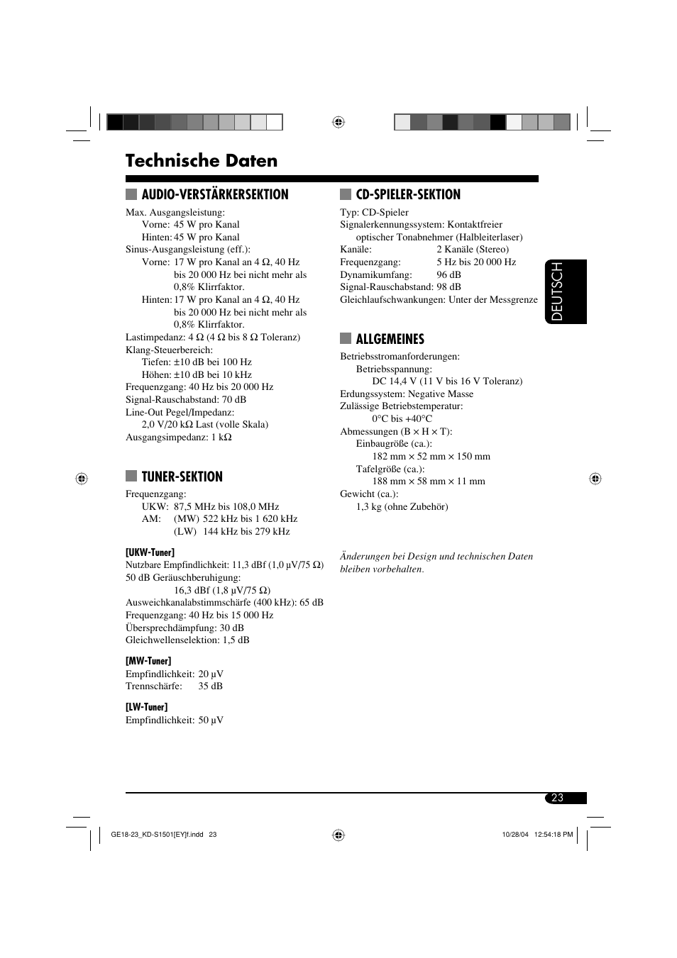 Technische daten, Deutsch, Audio-verstärkersektion | Tuner-sektion, Cd-spieler-sektion, Allgemeines | JVC KD-G151 RU User Manual | Page 45 / 68