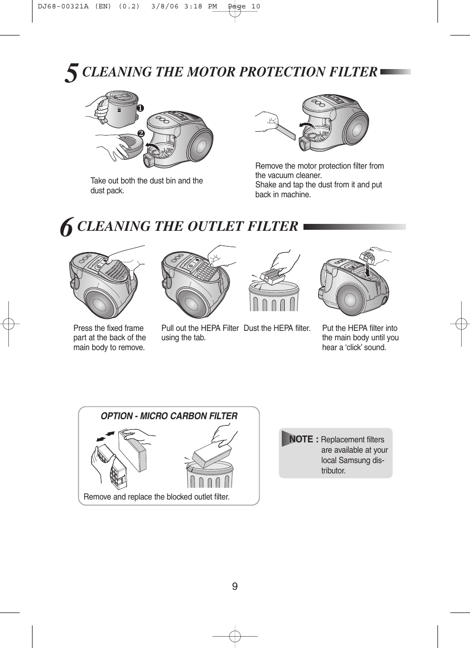 Cleaning the motor protection filter, Cleaning the outlet filter | Samsung SC8431 User Manual | Page 10 / 12