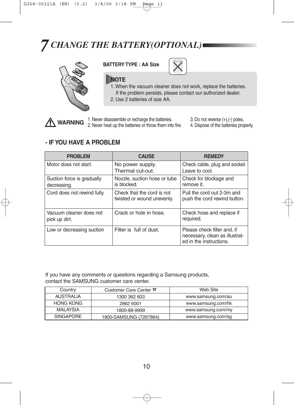 Change the battery(optional), If you have a problem | Samsung SC8431 User Manual | Page 11 / 12