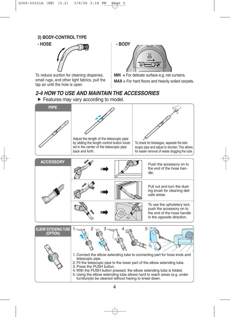 4 how to use and maintain the accessories, Features may vary according to model | Samsung SC8431 User Manual | Page 5 / 12