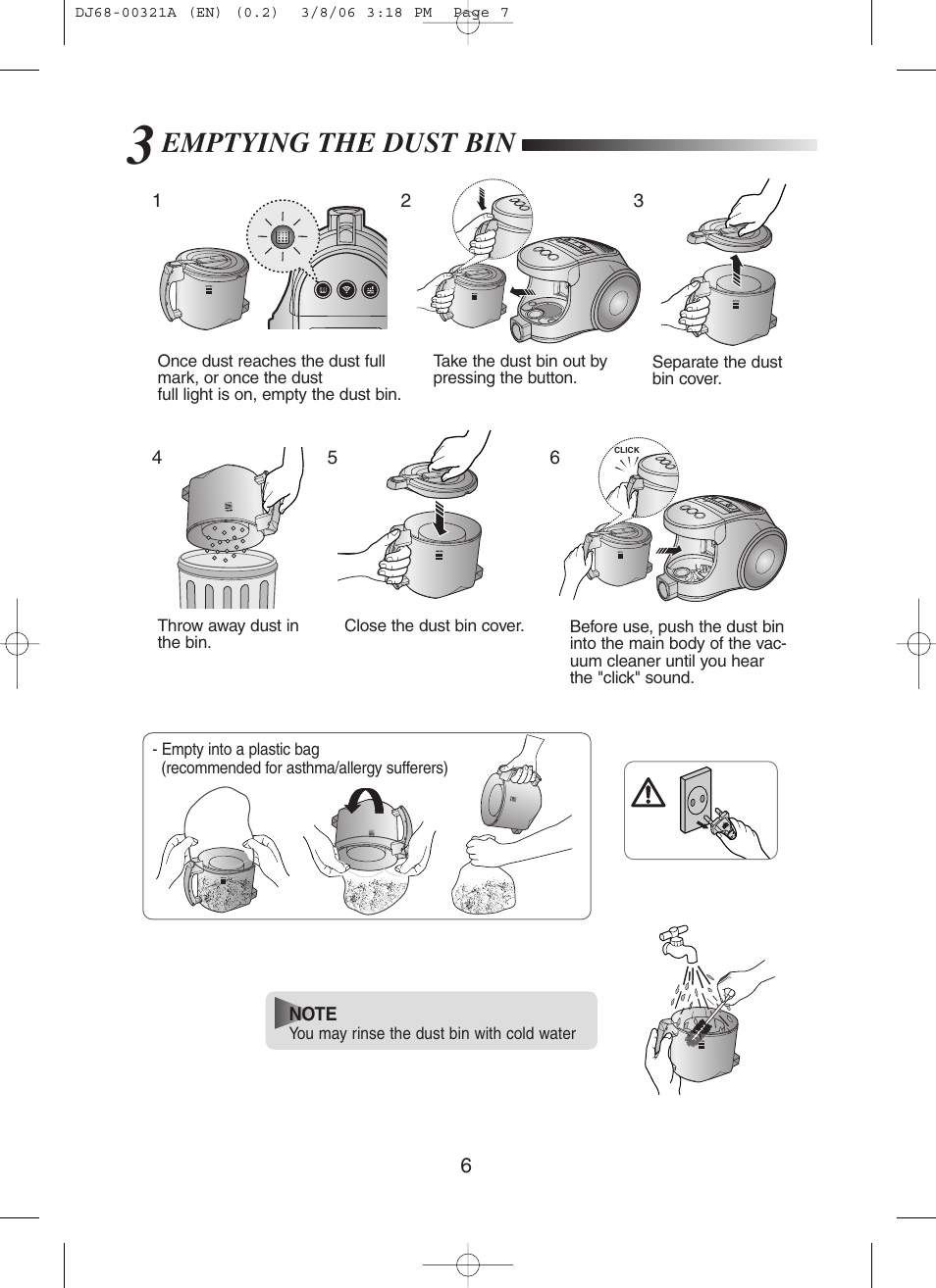 Emptying the dust bin | Samsung SC8431 User Manual | Page 7 / 12