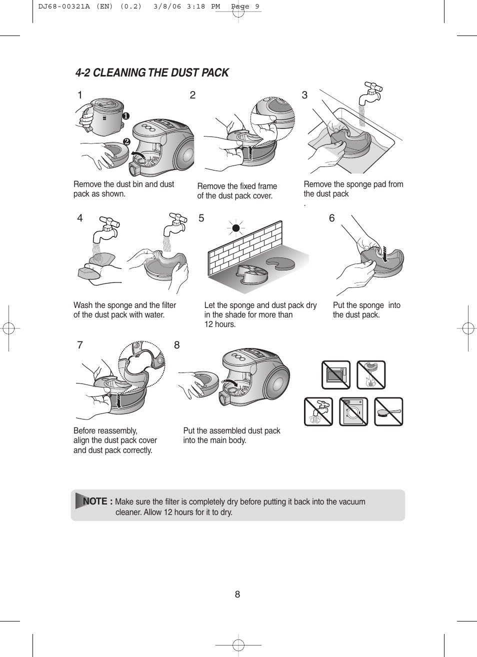 2 cleaning the dust pack | Samsung SC8431 User Manual | Page 9 / 12