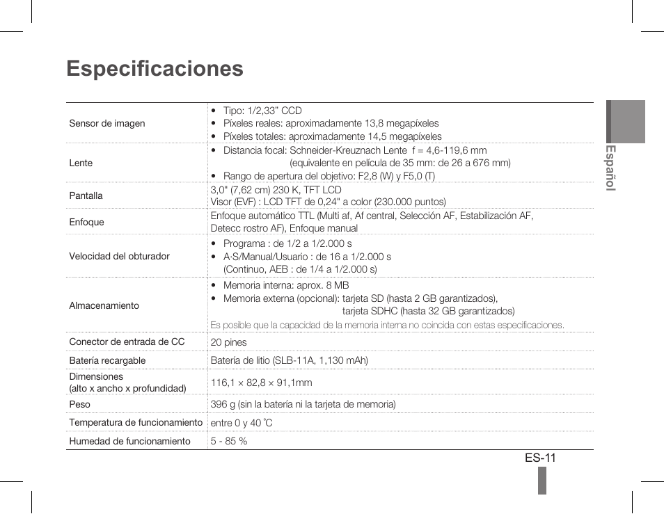 Especificaciones | Samsung AD68-05243A User Manual | Page 21 / 32