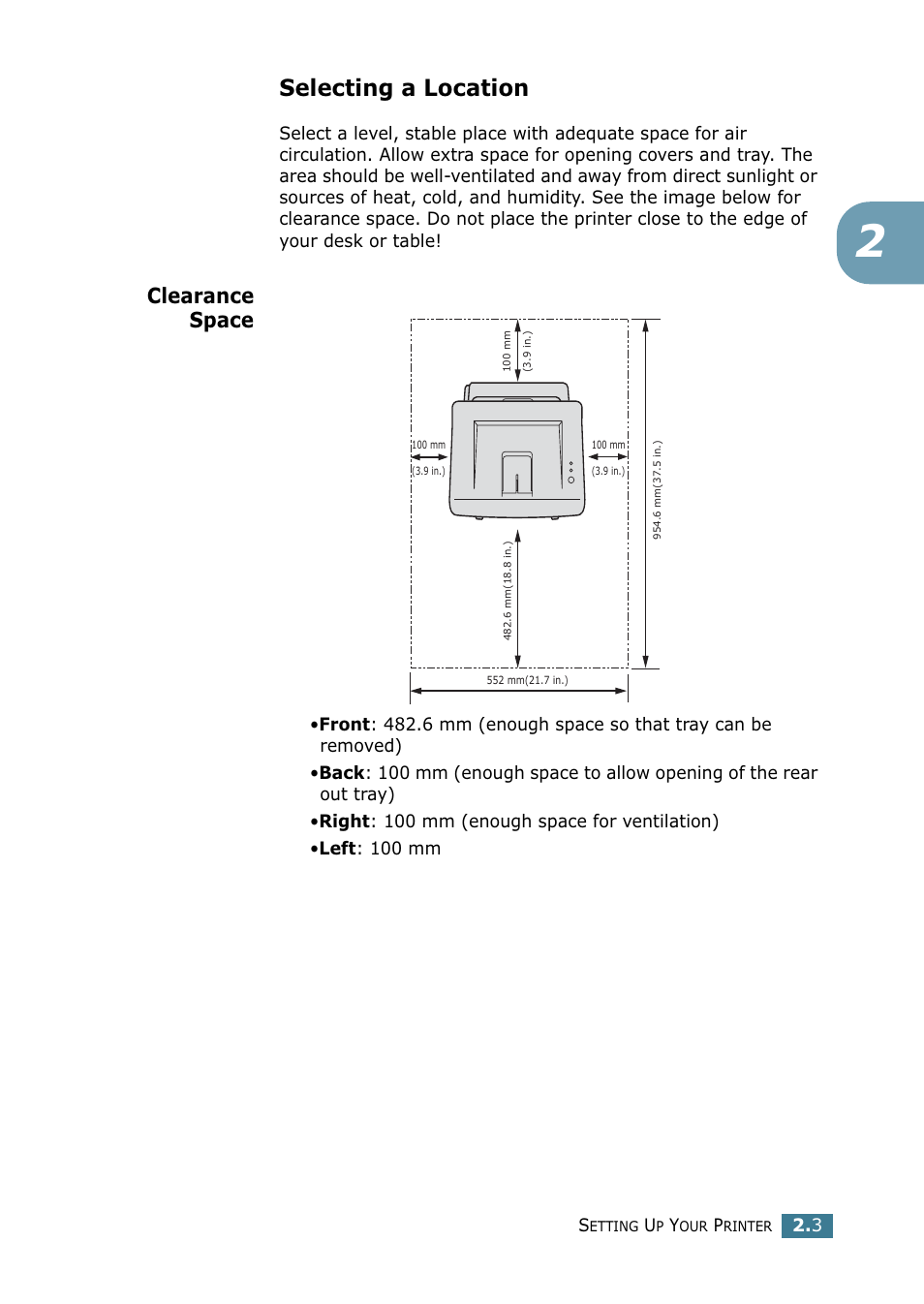 Selecting a location, Clearance space | Samsung ML 1740 User Manual | Page 20 / 150