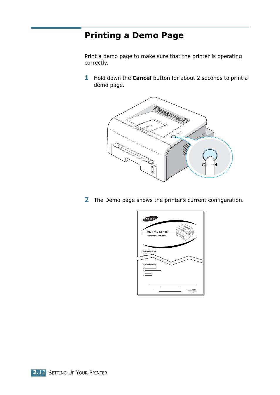 Printing a demo page | Samsung ML 1740 User Manual | Page 29 / 150