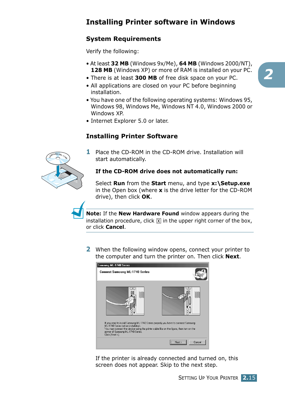 Installing printer software in windows | Samsung ML 1740 User Manual | Page 32 / 150