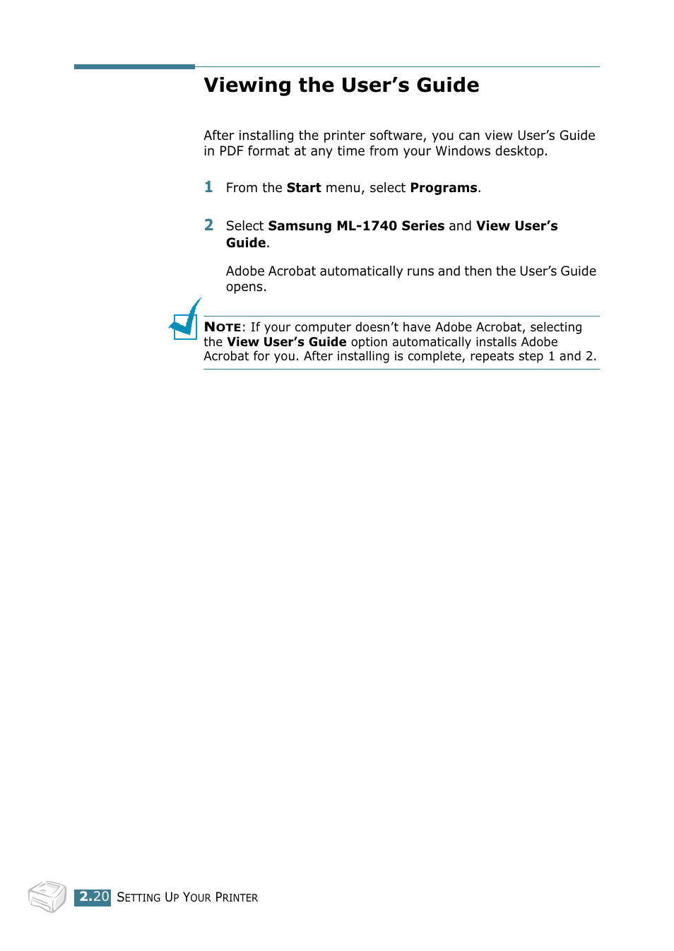 Viewing the user’s guide | Samsung ML 1740 User Manual | Page 37 / 150