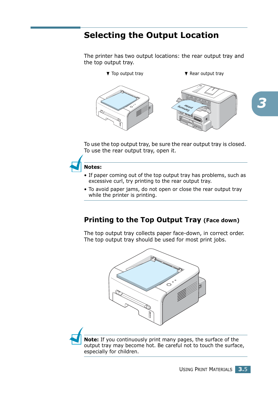 Selecting the output location, Printing to the top output tray (face down), Printing to the top output tray | Samsung ML 1740 User Manual | Page 42 / 150