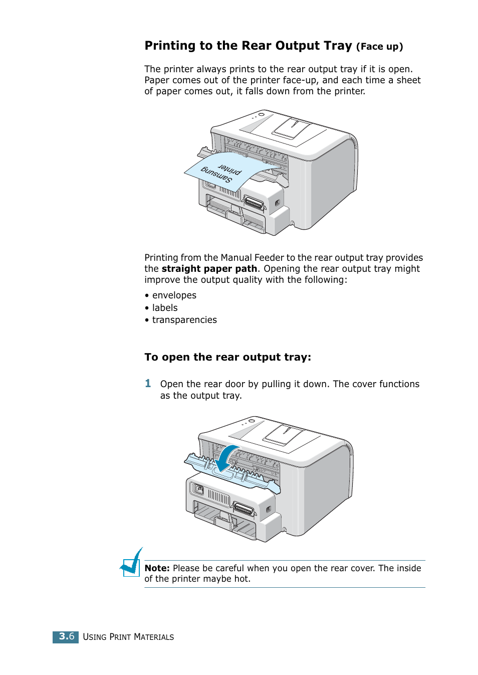Printing to the rear output tray (face up), Printing to the rear output tray | Samsung ML 1740 User Manual | Page 43 / 150
