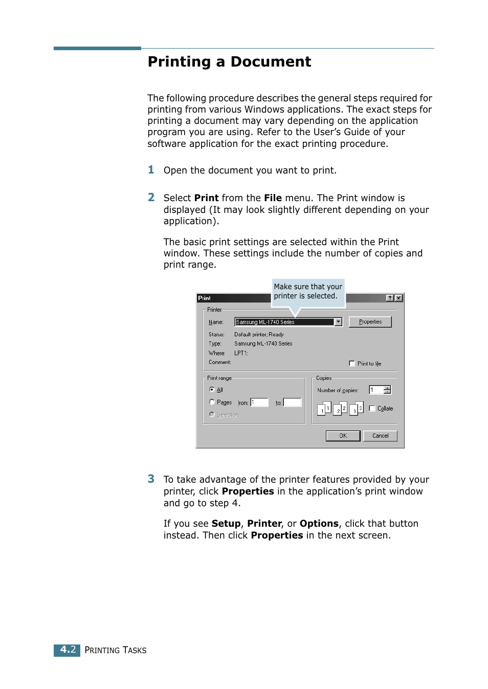 Printing a document | Samsung ML 1740 User Manual | Page 57 / 150