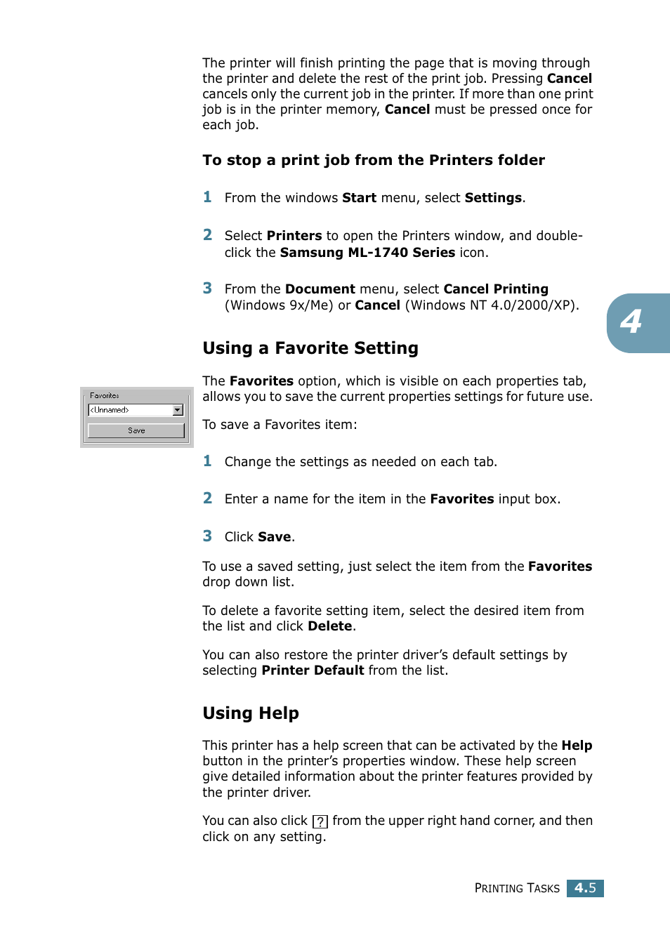 Using a favorite setting, Using help, Using a favorite setting using help | Samsung ML 1740 User Manual | Page 60 / 150