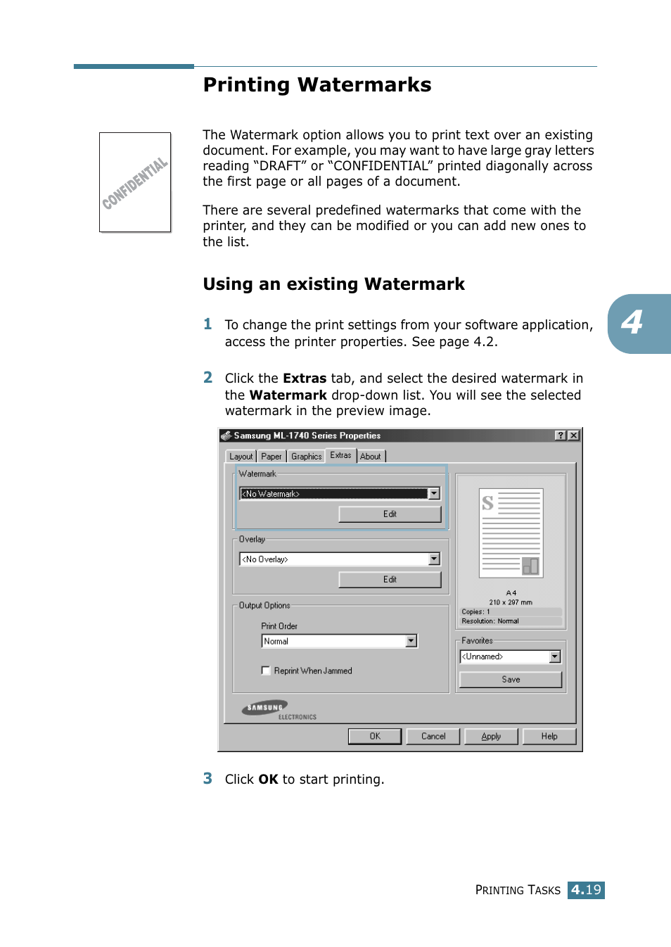 Printing watermarks, Using an existing watermark | Samsung ML 1740 User Manual | Page 74 / 150