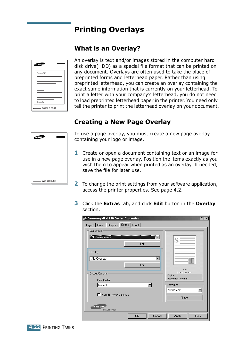 Printing overlays, What is an overlay, Creating a new page overlay | Samsung ML 1740 User Manual | Page 77 / 150