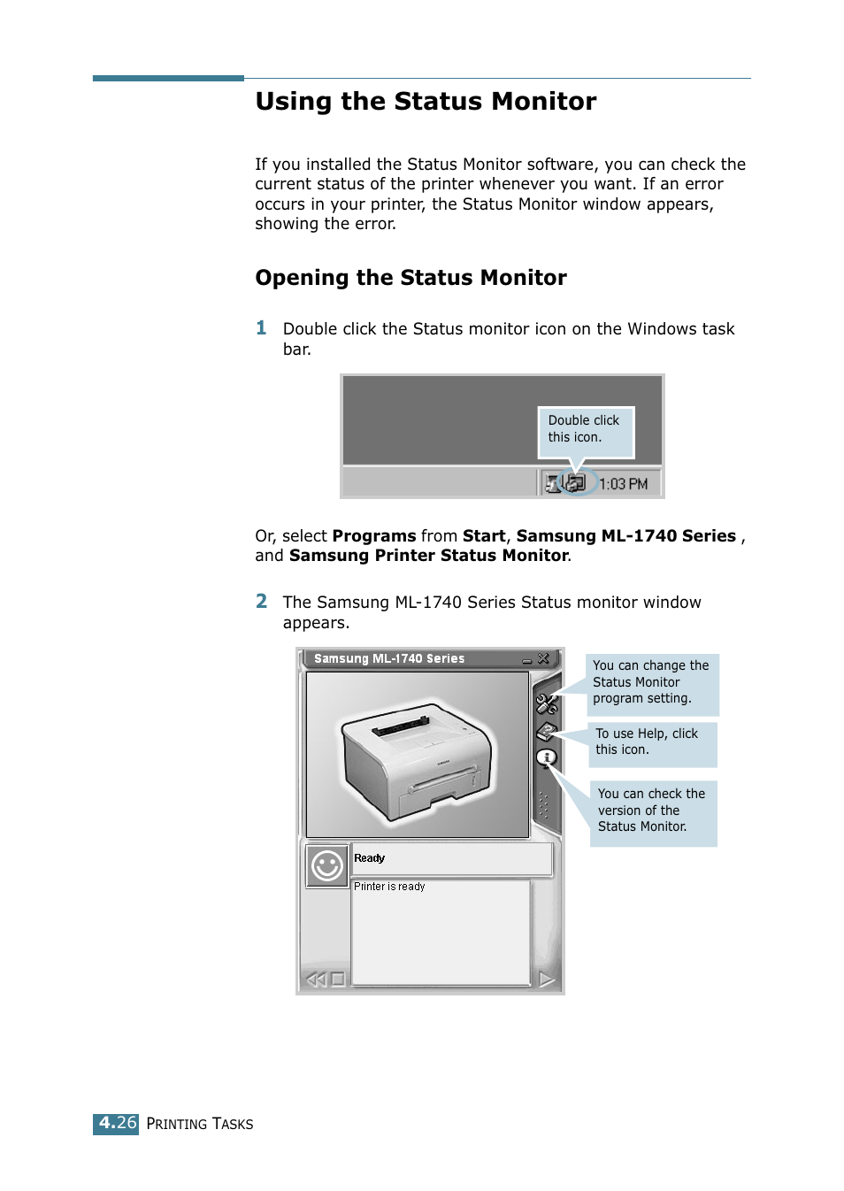 Using the status monitor, Opening the status monitor | Samsung ML 1740 User Manual | Page 81 / 150
