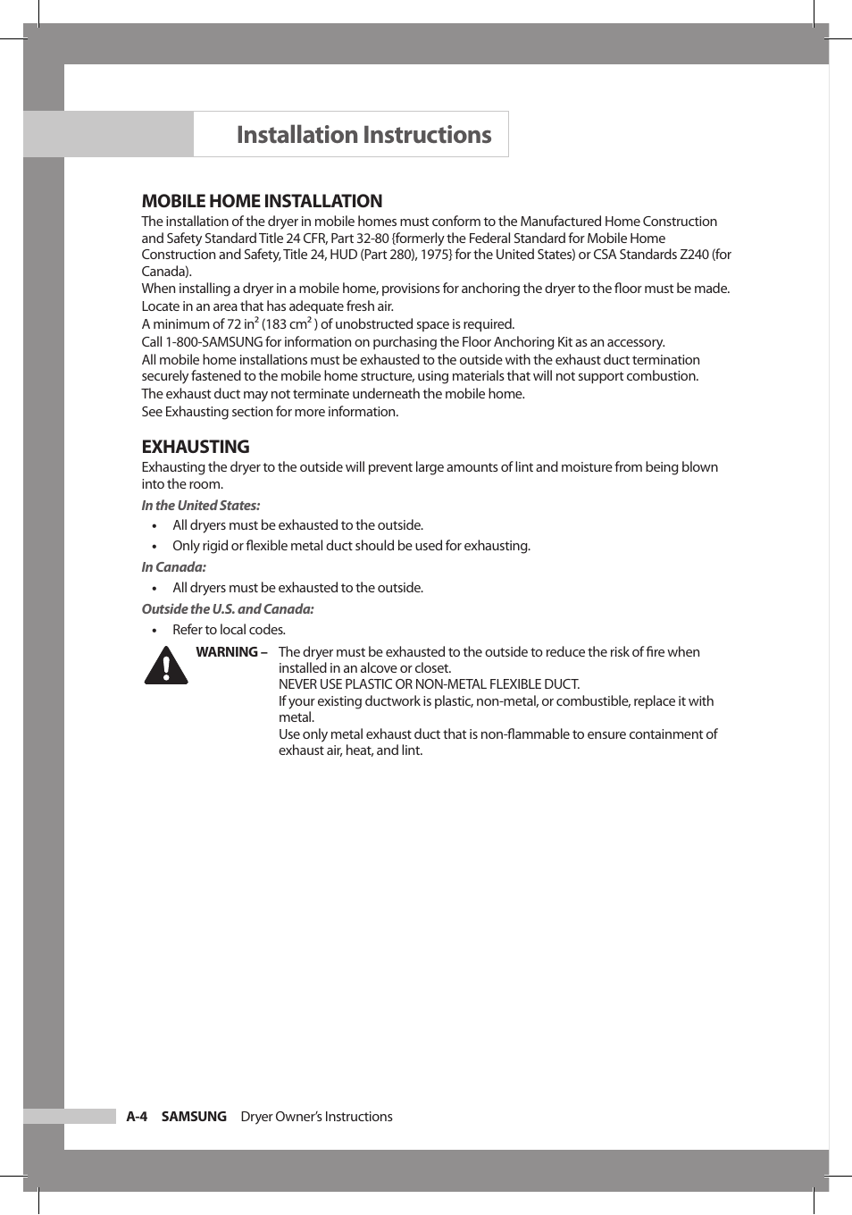 Installation instructions, Mobile home installation, Exhausting | Samsung DC68-02312A-04 User Manual | Page 10 / 36