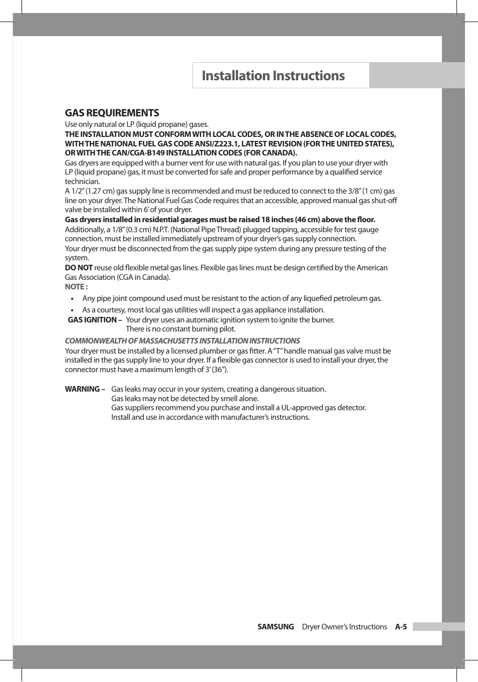 Installation instructions, Gas requirements | Samsung DC68-02312A-04 User Manual | Page 11 / 36