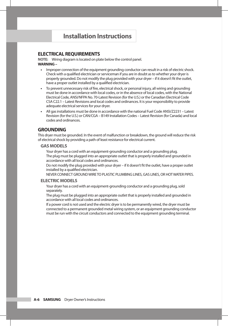 Installation instructions, Electrical requirements, Grounding | Samsung DC68-02312A-04 User Manual | Page 12 / 36