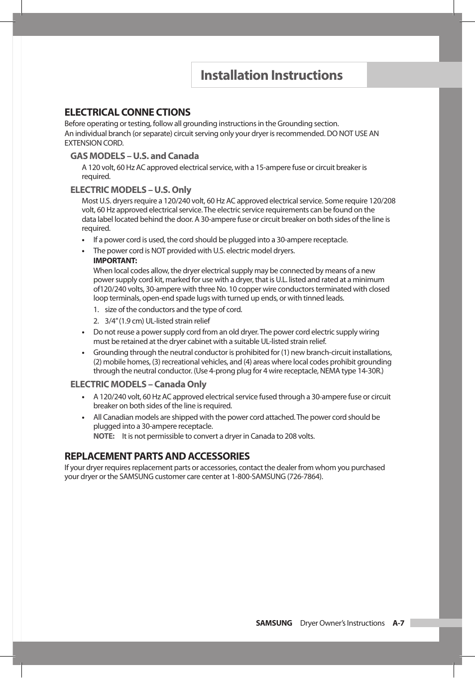 Installation instructions, Electrical conne ctions, Replacement parts and accessories | Samsung DC68-02312A-04 User Manual | Page 13 / 36