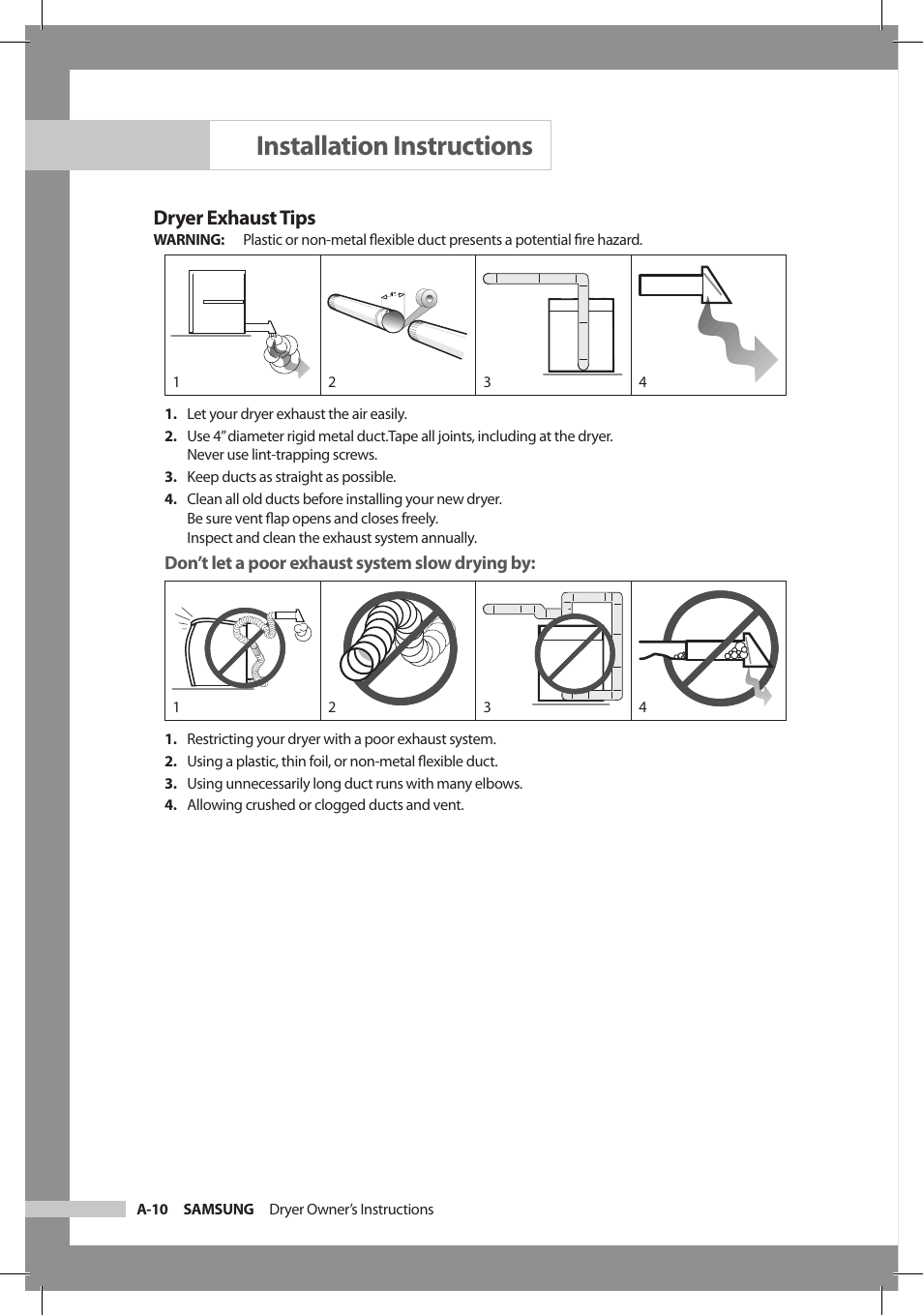 Installation instructions, Dryer exhaust tips | Samsung DC68-02312A-04 User Manual | Page 16 / 36