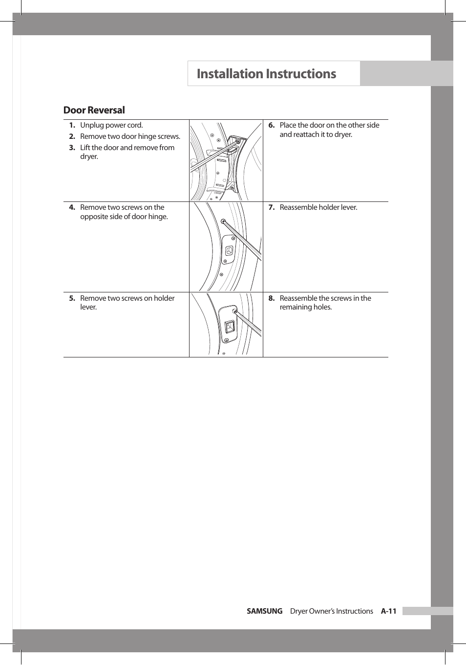 Installation instructions, Door reversal | Samsung DC68-02312A-04 User Manual | Page 17 / 36