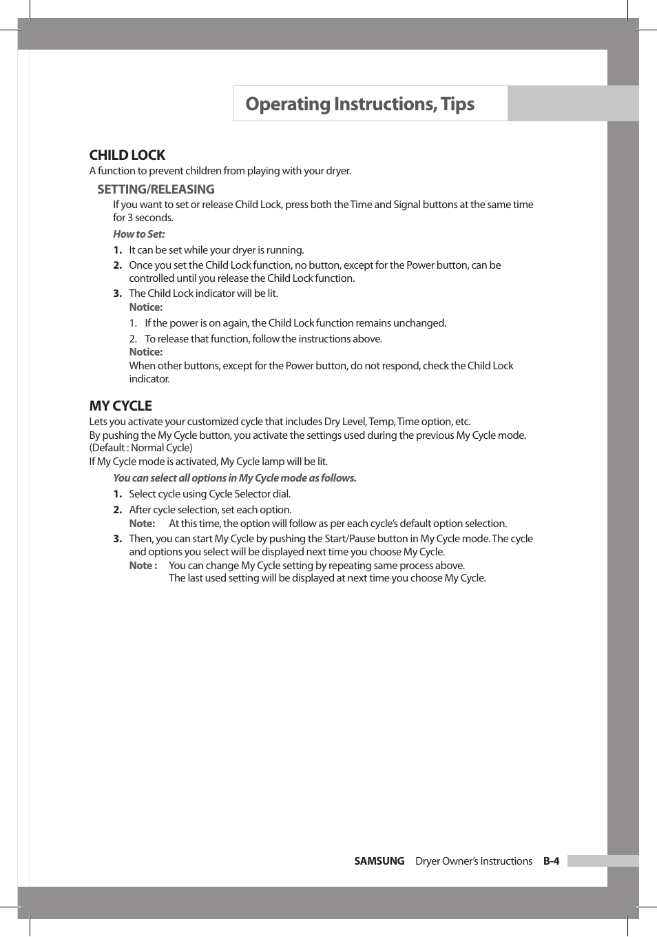 Operating instructions, tips, Child lock, My cycle | Samsung DC68-02312A-04 User Manual | Page 21 / 36