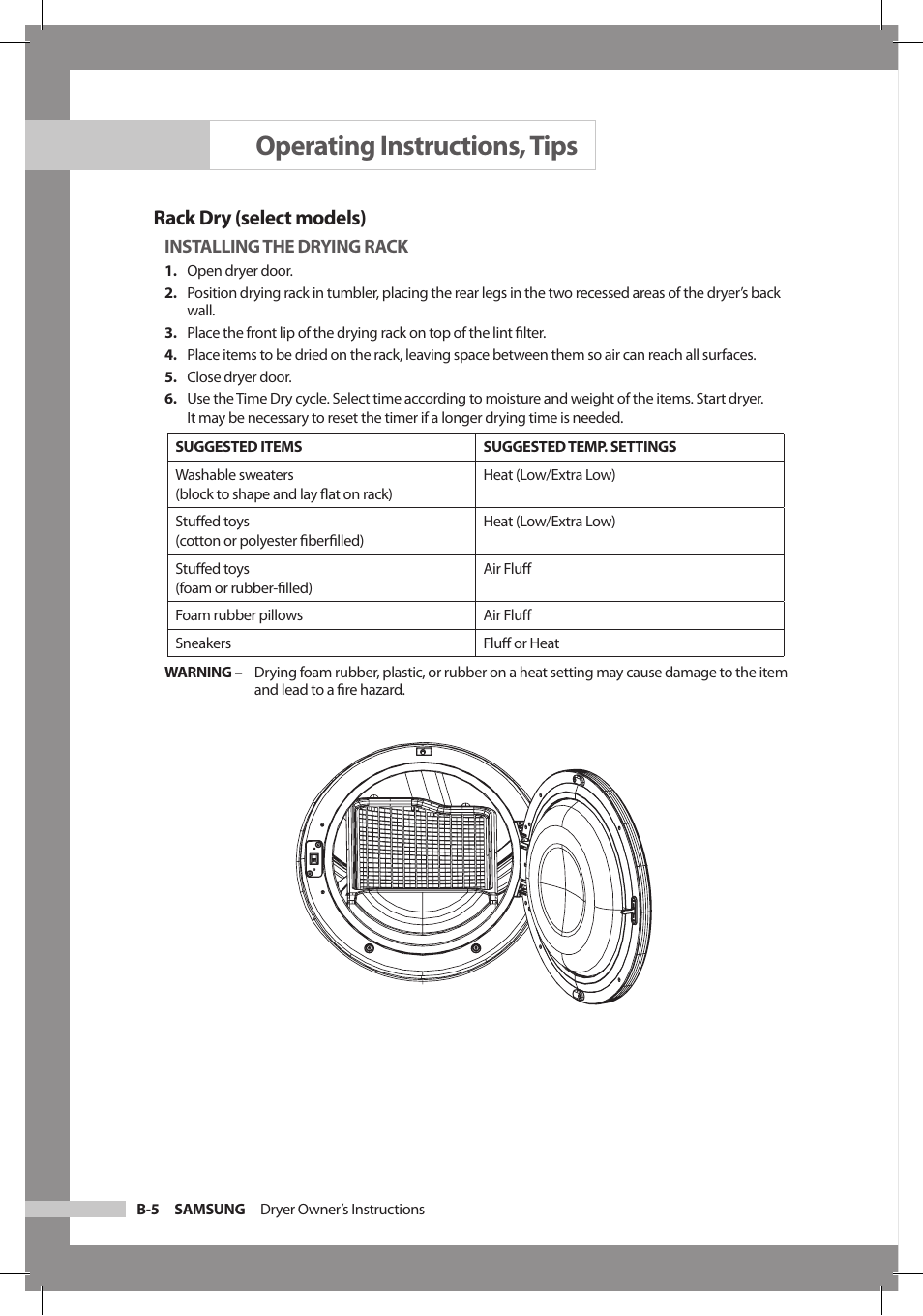 Operating instructions, tips, Rack dry (select models) | Samsung DC68-02312A-04 User Manual | Page 22 / 36