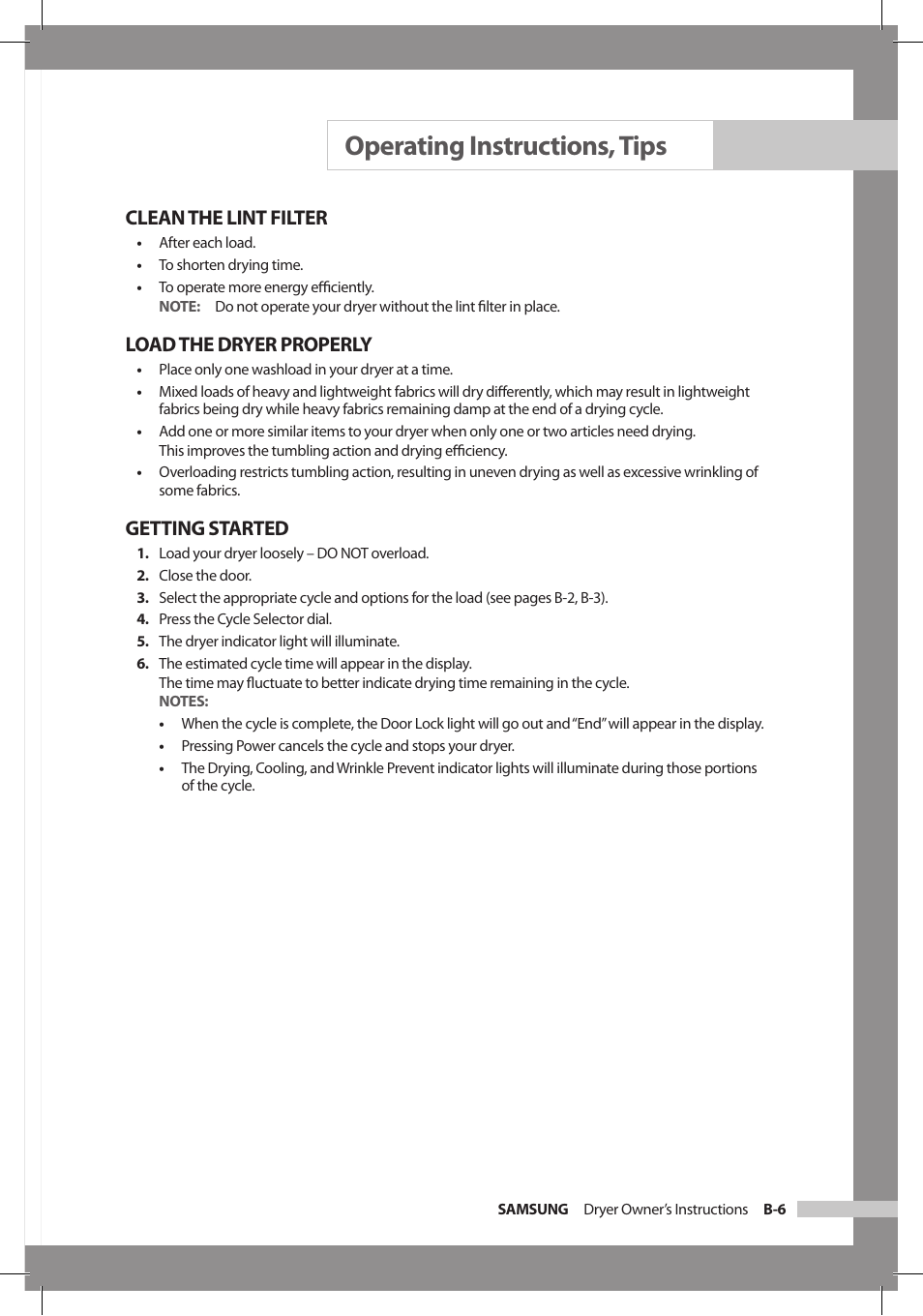 Operating instructions, tips, Clean the lint filter, Load the dryer properly | Getting started | Samsung DC68-02312A-04 User Manual | Page 23 / 36