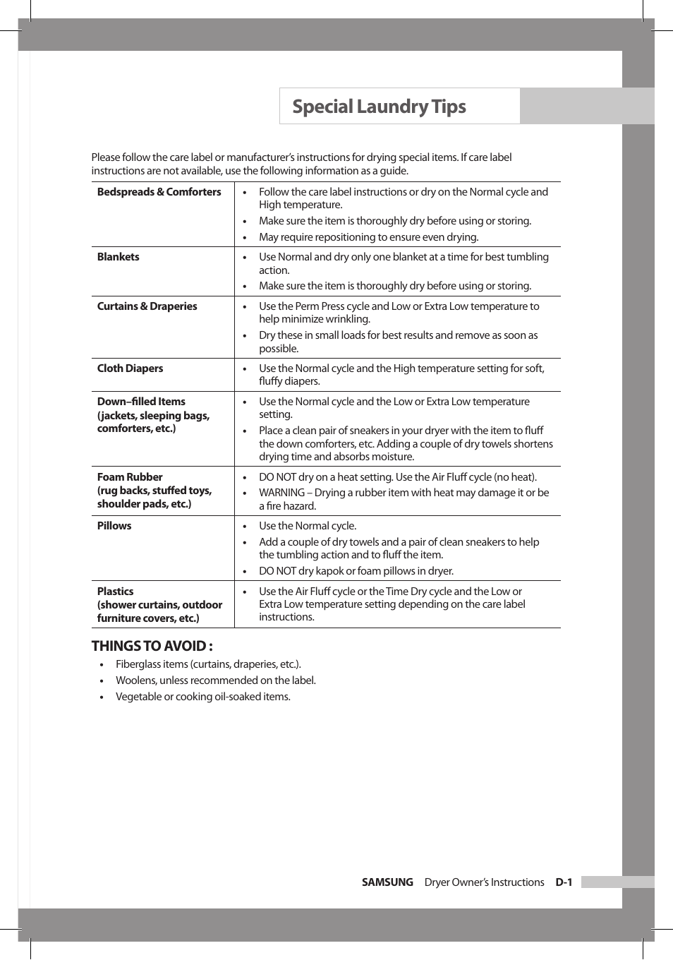 Special laundry tips, Things to avoid | Samsung DC68-02312A-04 User Manual | Page 25 / 36