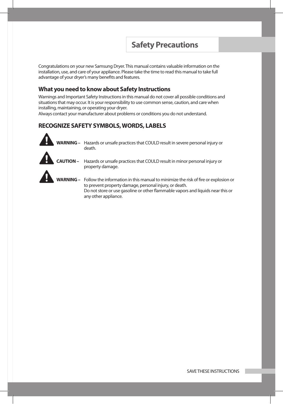 Safety precautions, What you need to know about safety instructions, Recognize safety symbols, words, labels | Samsung DC68-02312A-04 User Manual | Page 3 / 36