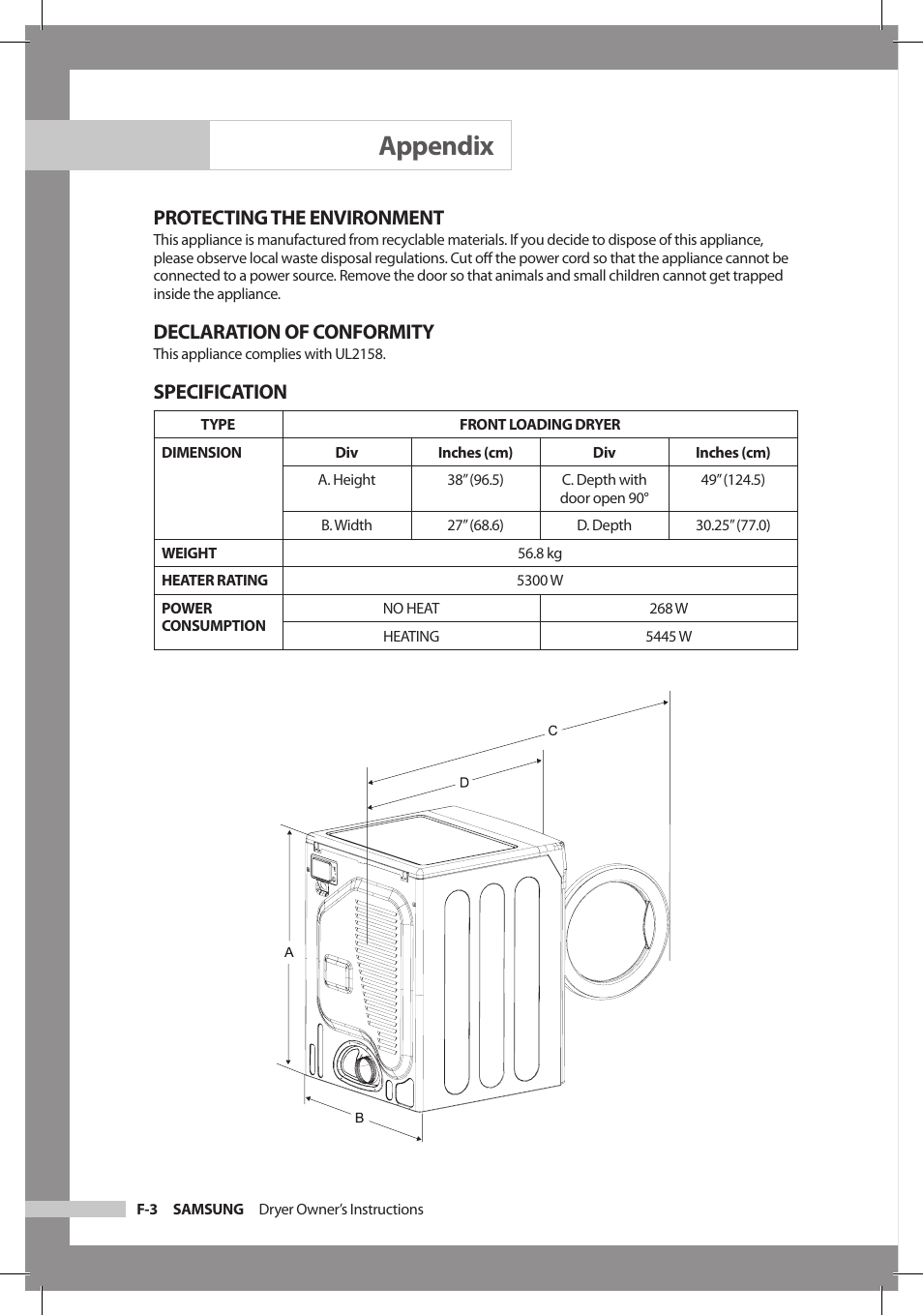 Appendix, Protecting the environment, Declaration of conformity | Specification | Samsung DC68-02312A-04 User Manual | Page 30 / 36