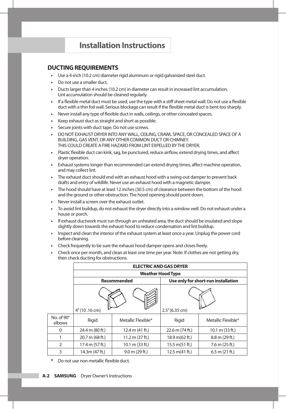 Installation instructions, Ducting requirements | Samsung DC68-02312A-04 User Manual | Page 8 / 36