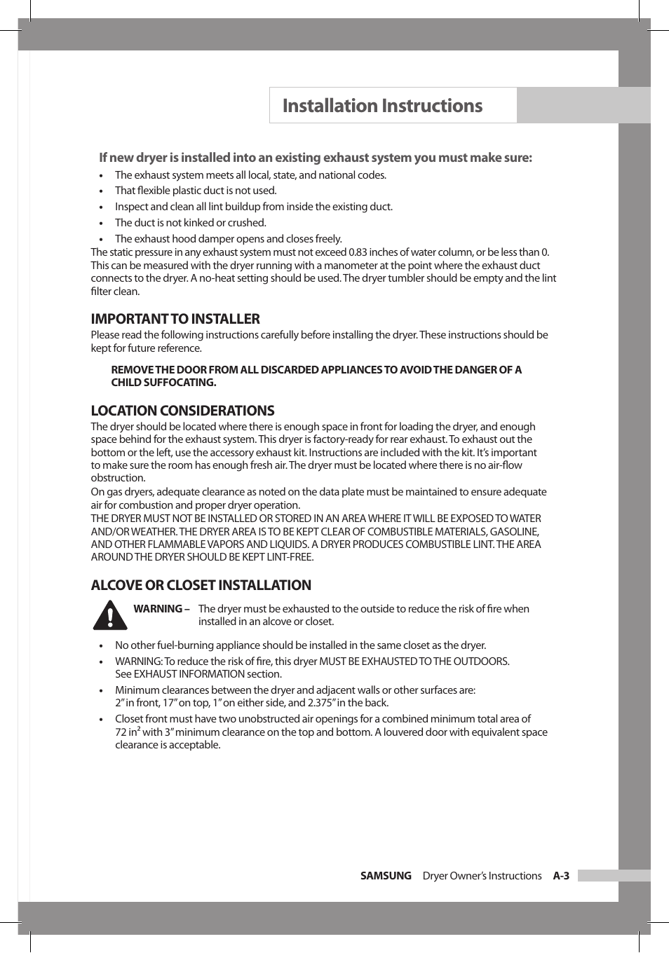 Installation instructions, Important to installer, Location considerations | Alcove or closet installation | Samsung DC68-02312A-04 User Manual | Page 9 / 36