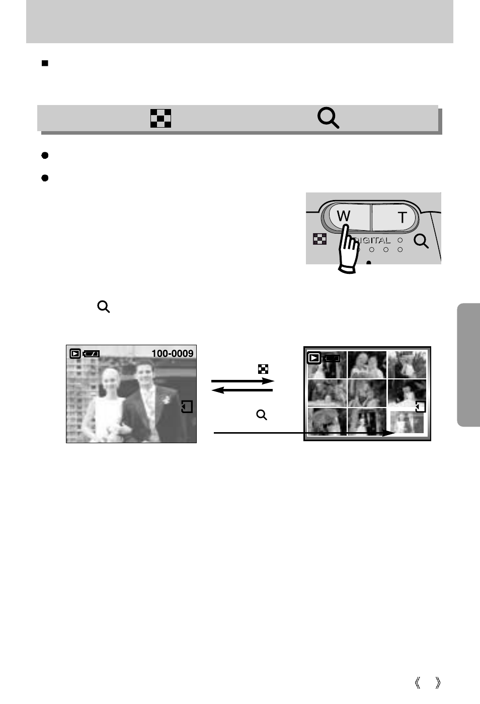 Using the camera buttons to adjust the camera, Thumbnail ( ) / enlargement ( ) button | Samsung Digimax 301 User Manual | Page 43 / 104
