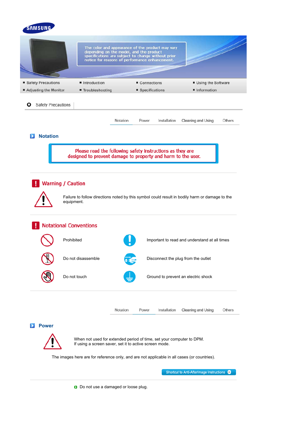 Safety precautions, Notation, Power | Samsung 275T User Manual | Page 2 / 61