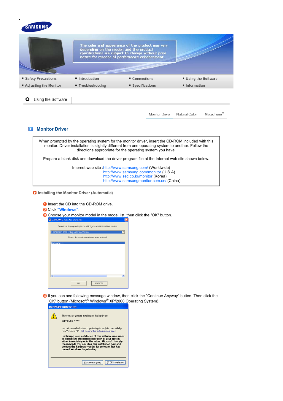 Using the software, Monitor driver | Samsung 275T User Manual | Page 27 / 61