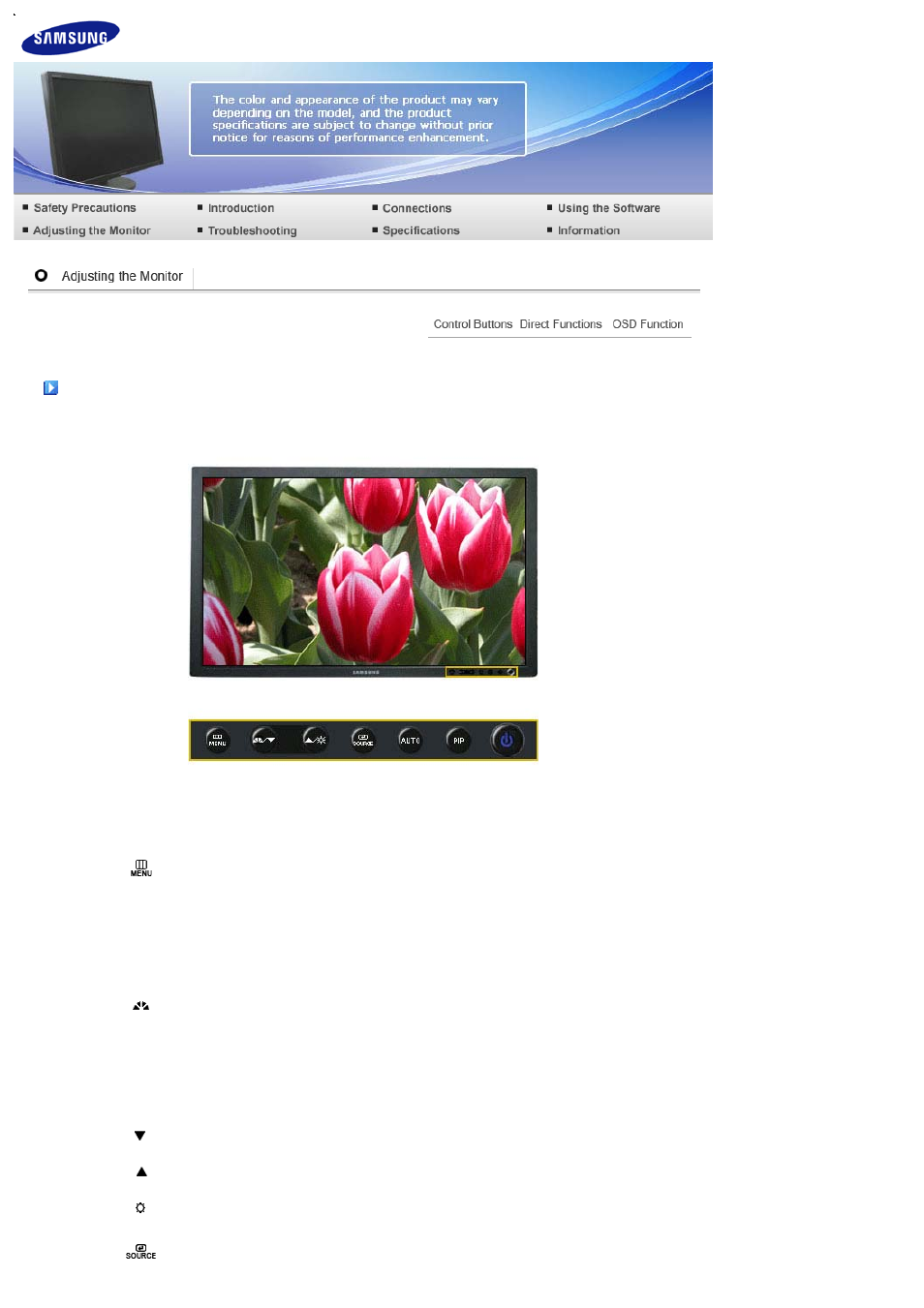 Adjusting the monitor, Control buttons | Samsung 275T User Manual | Page 36 / 61