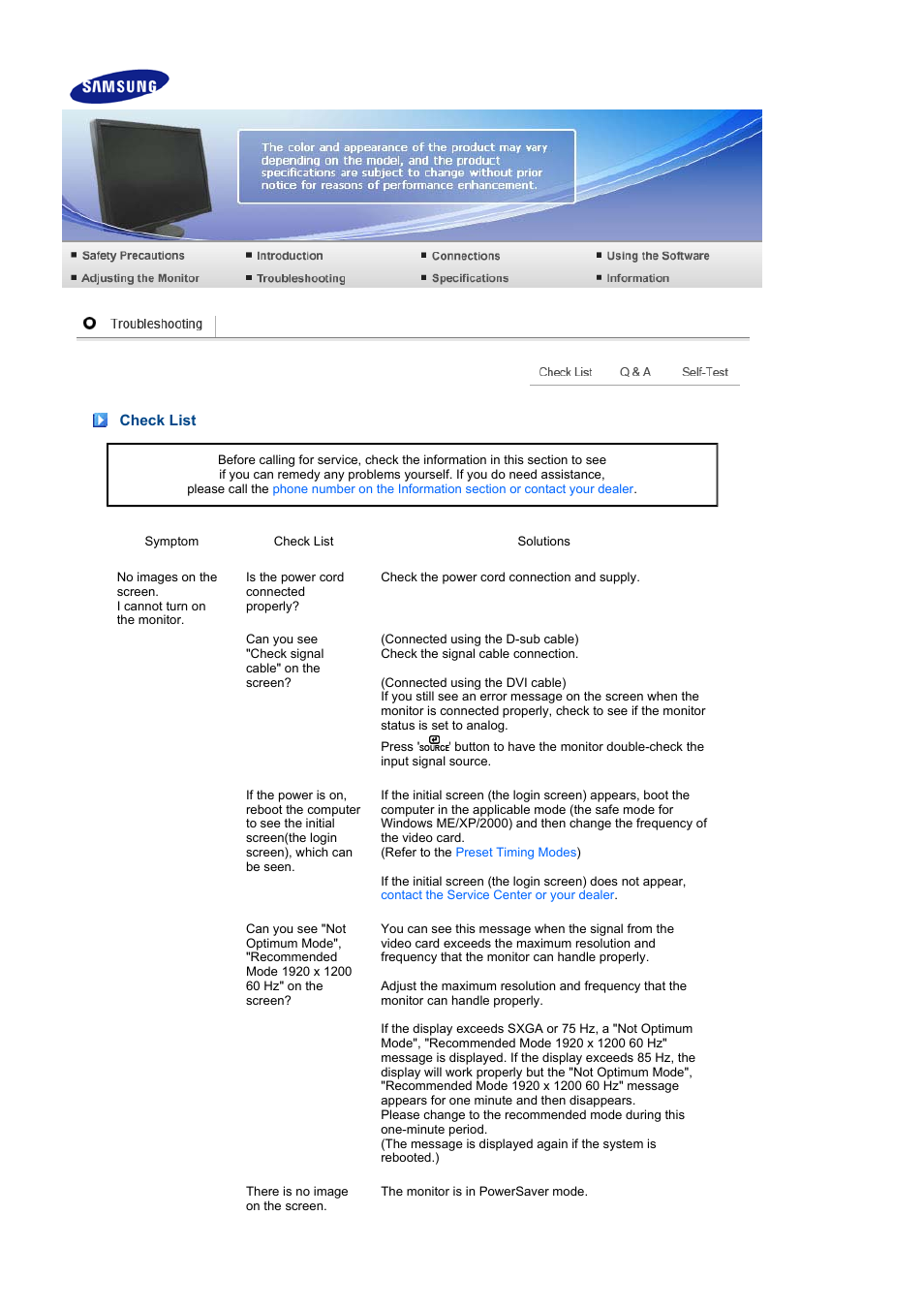 Trobleshooting, Check list | Samsung 275T User Manual | Page 48 / 61