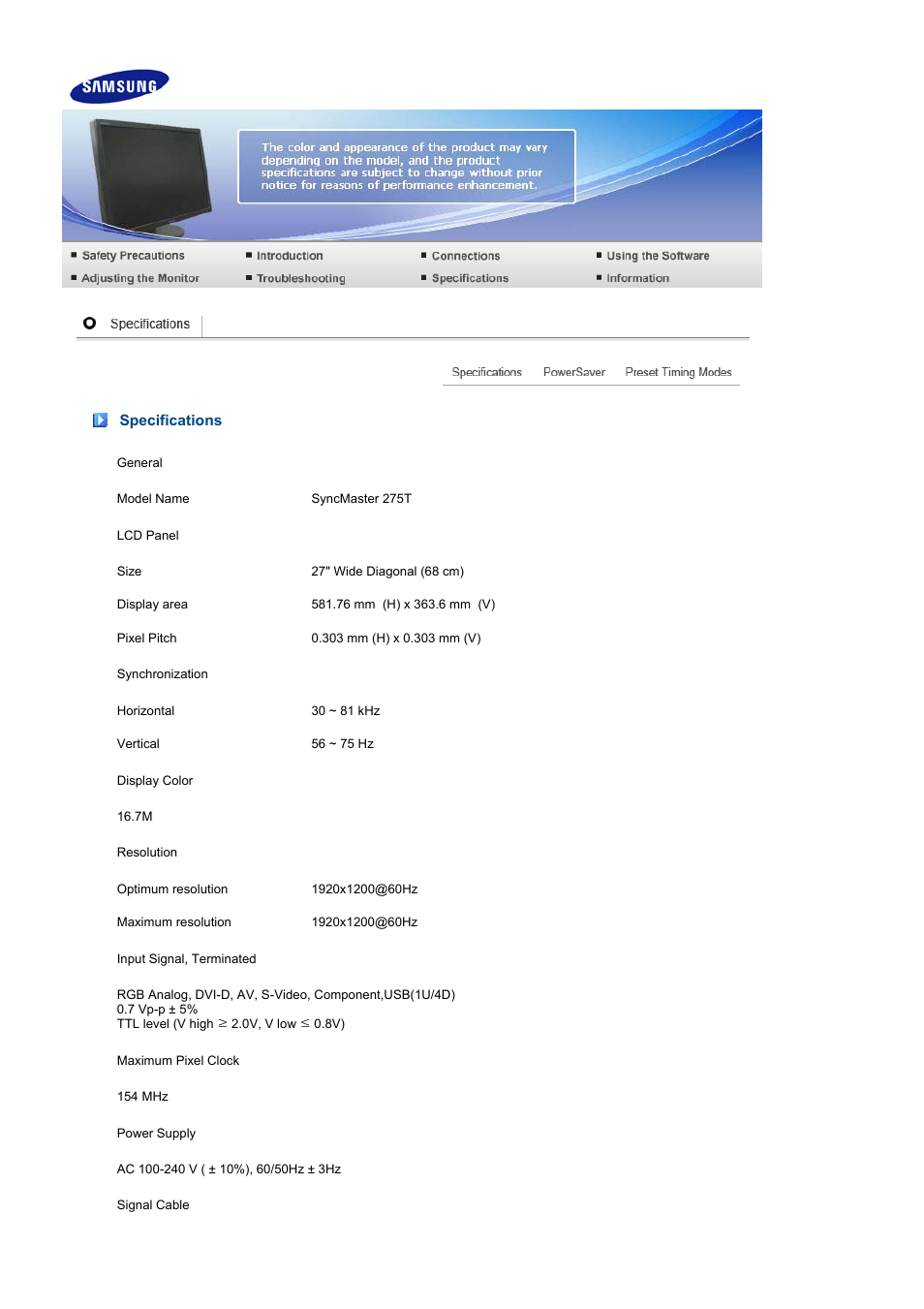Specifications | Samsung 275T User Manual | Page 53 / 61