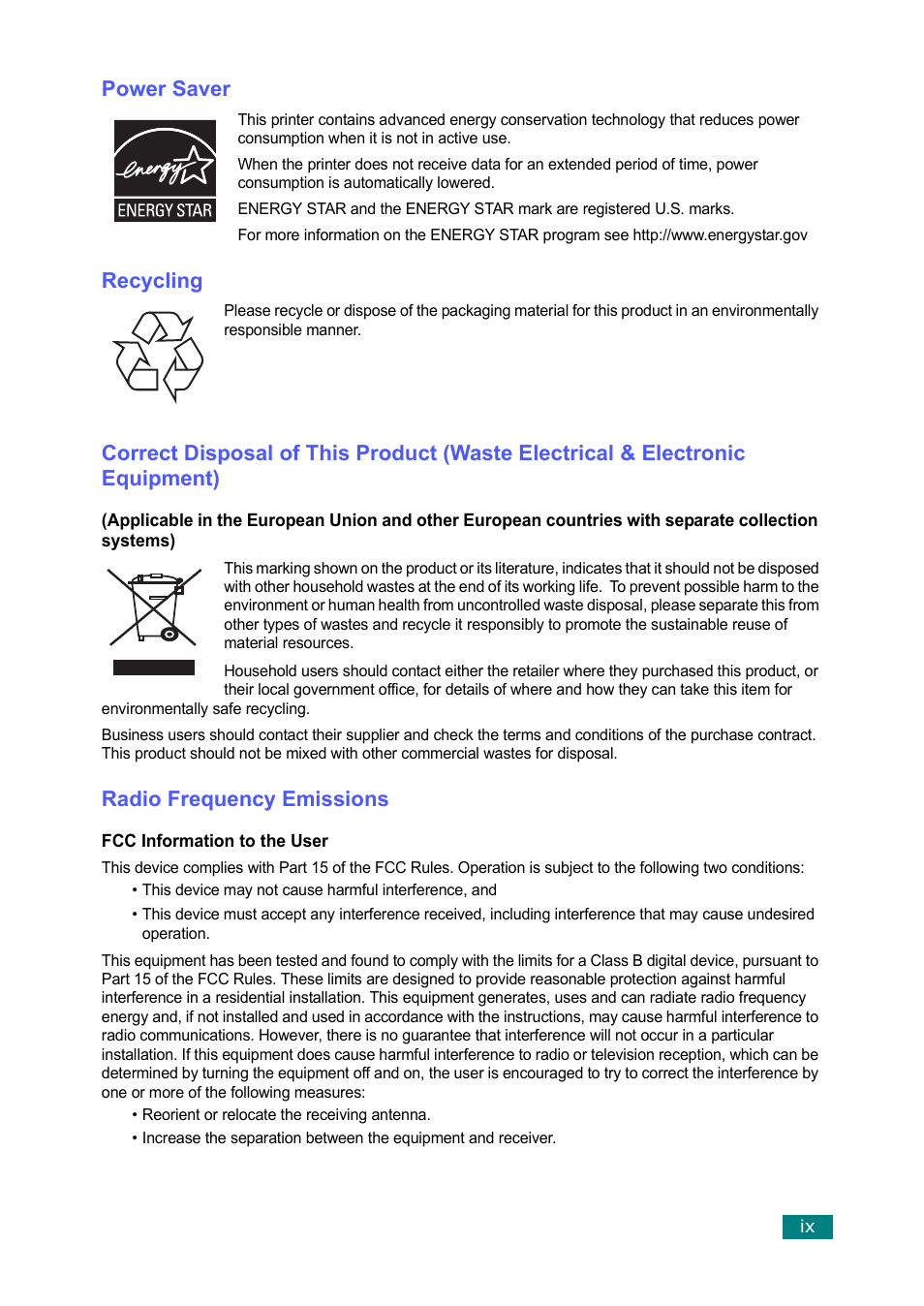 Power saver, Recycling, Radio frequency emissions | Samsung SF-560 User Manual | Page 10 / 98