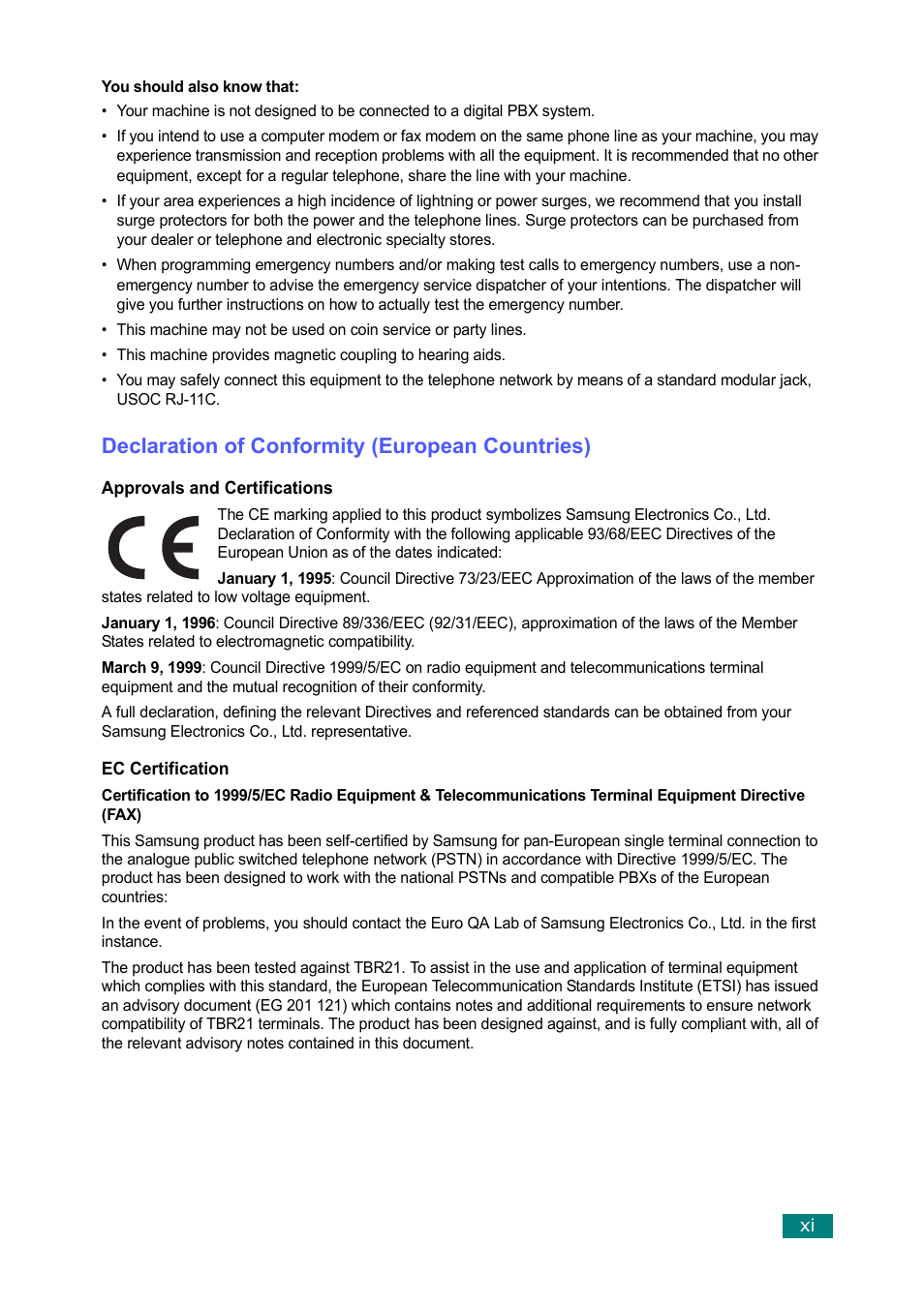 Declaration of conformity (european countries) | Samsung SF-560 User Manual | Page 12 / 98