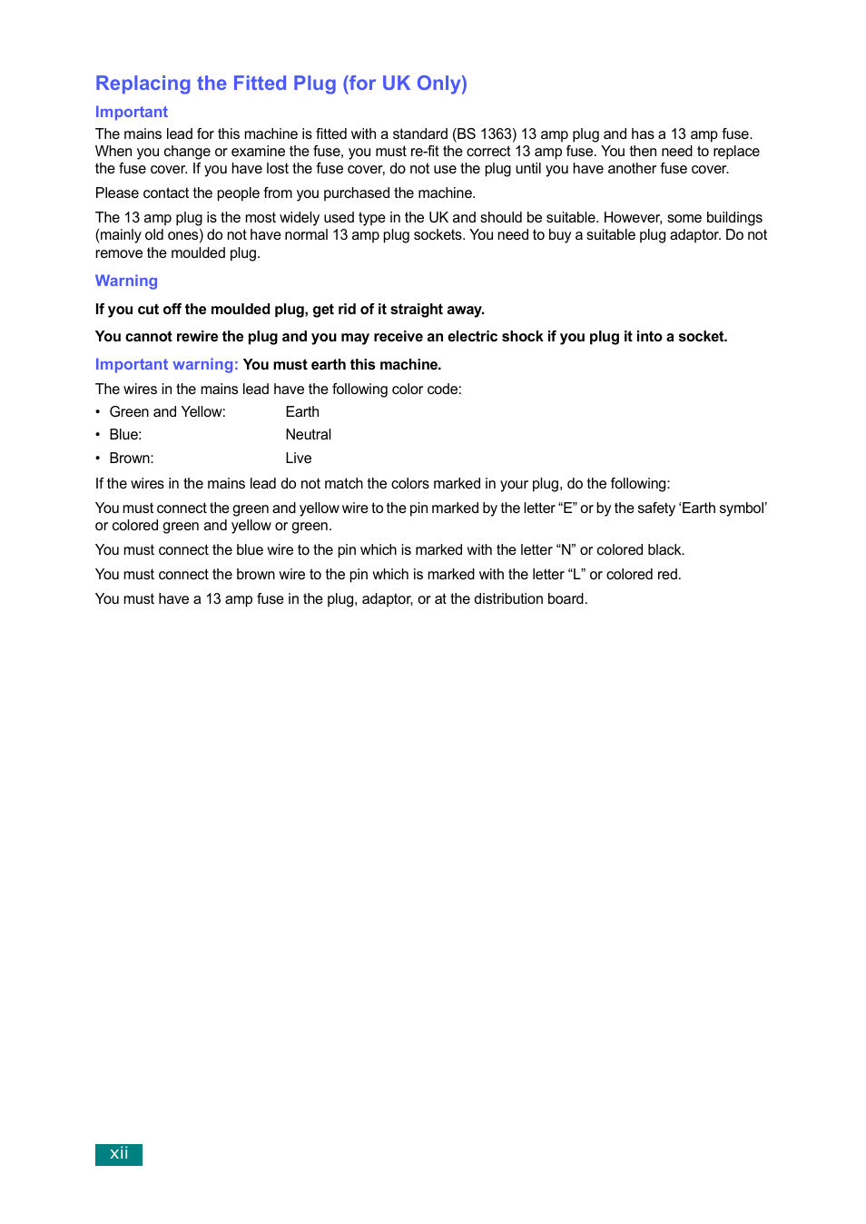 Replacing the fitted plug (for uk only) | Samsung SF-560 User Manual | Page 13 / 98