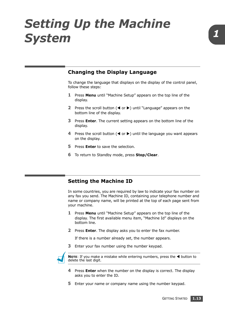 Changing the display language, Setting the machine id, Setting up the machine system | Samsung SF-560 User Manual | Page 28 / 98