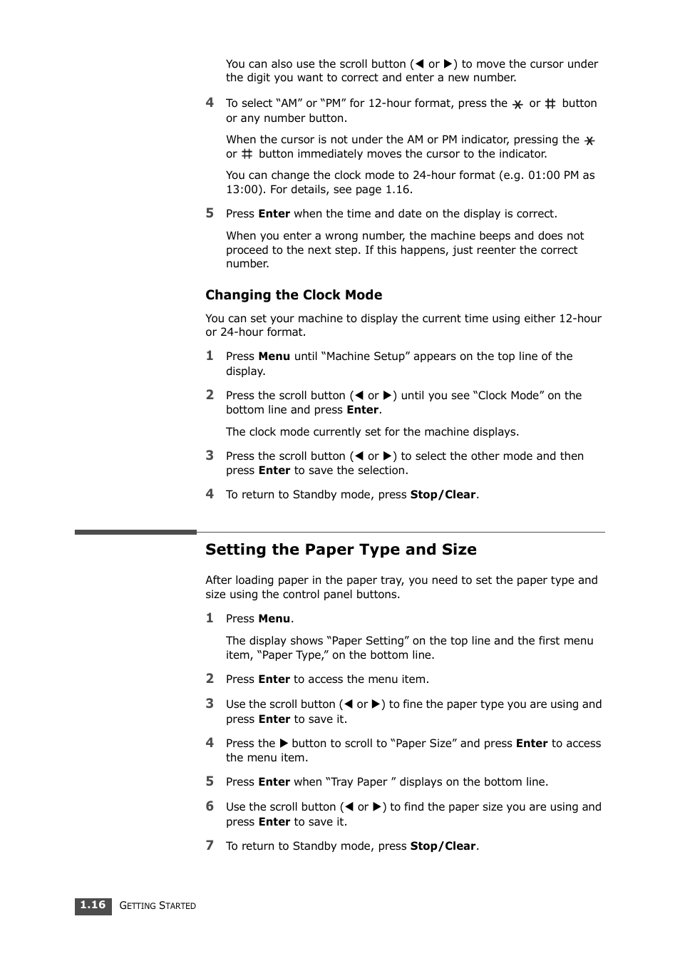 Changing the clock mode, Setting the paper type and size | Samsung SF-560 User Manual | Page 31 / 98