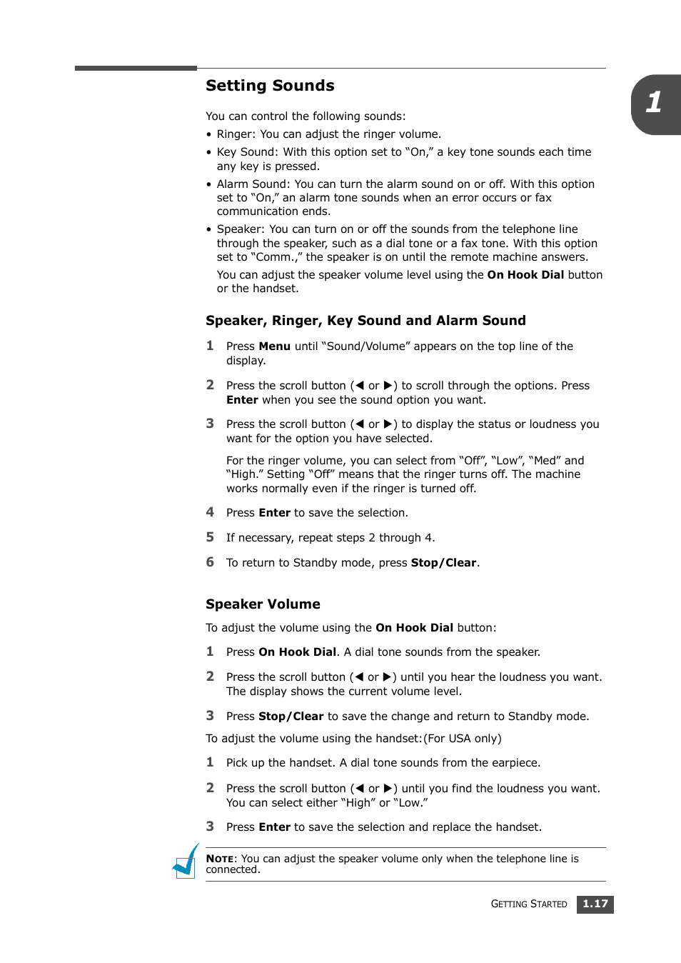 Setting sounds, Speaker, ringer, key sound and alarm sound, Speaker volume | Samsung SF-560 User Manual | Page 32 / 98