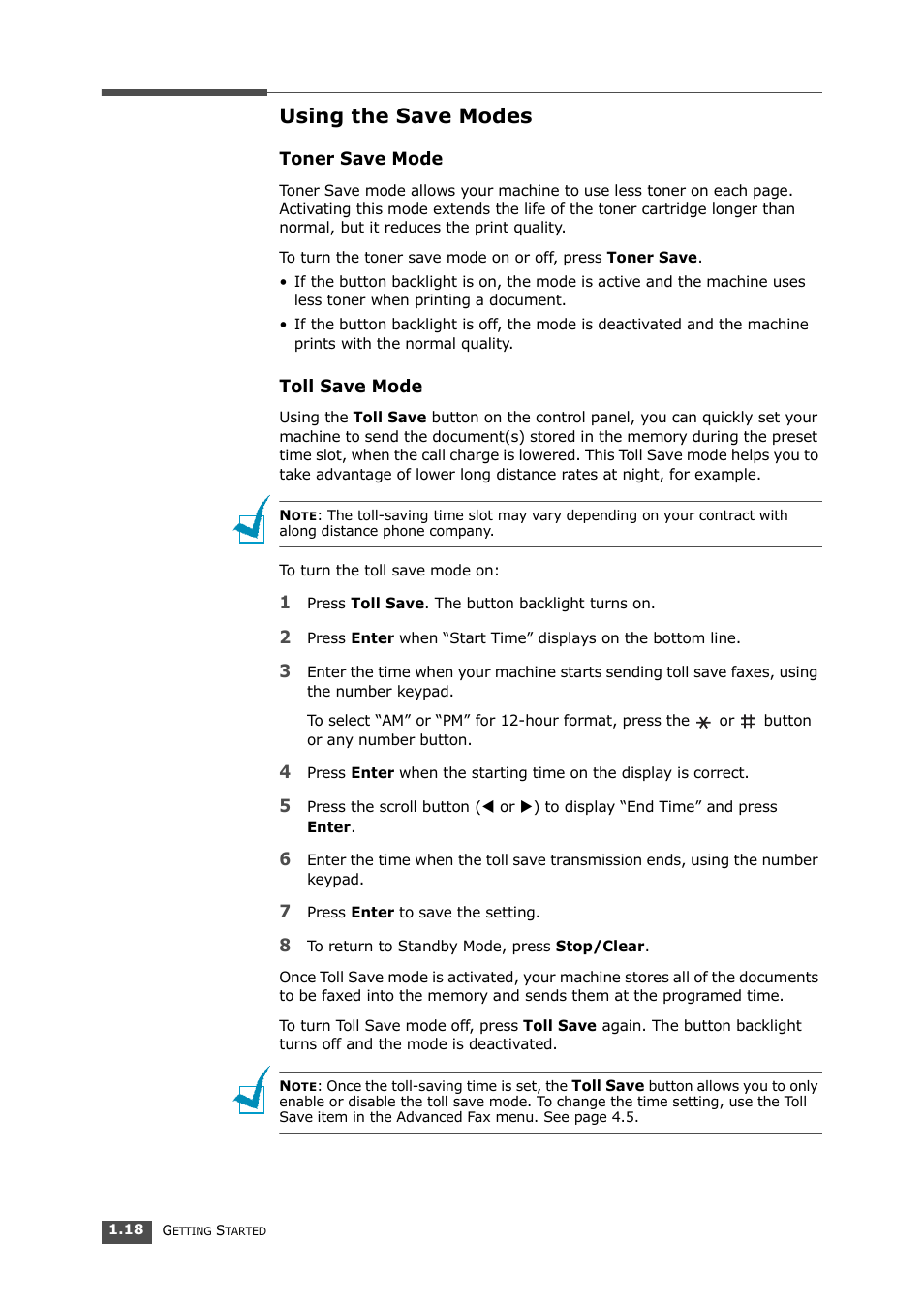 Using the save modes, Toner save mode, Toll save mode | Samsung SF-560 User Manual | Page 33 / 98