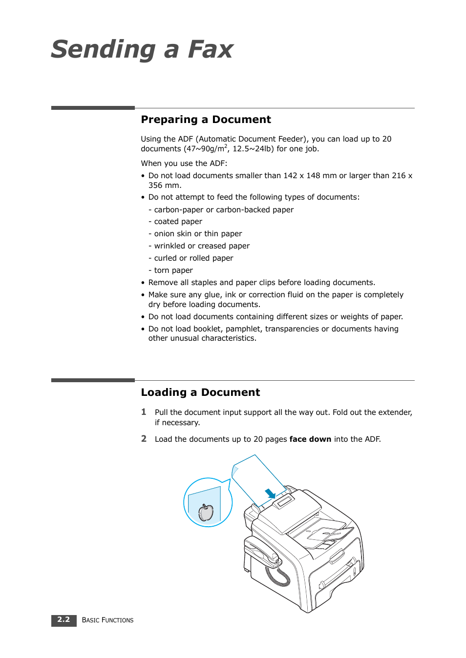 Preparing a document, Loading a document, Sending a fax | Samsung SF-560 User Manual | Page 37 / 98